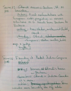 The first page of Constance DeJong’s second outline of <em>Satyagraha</em>.