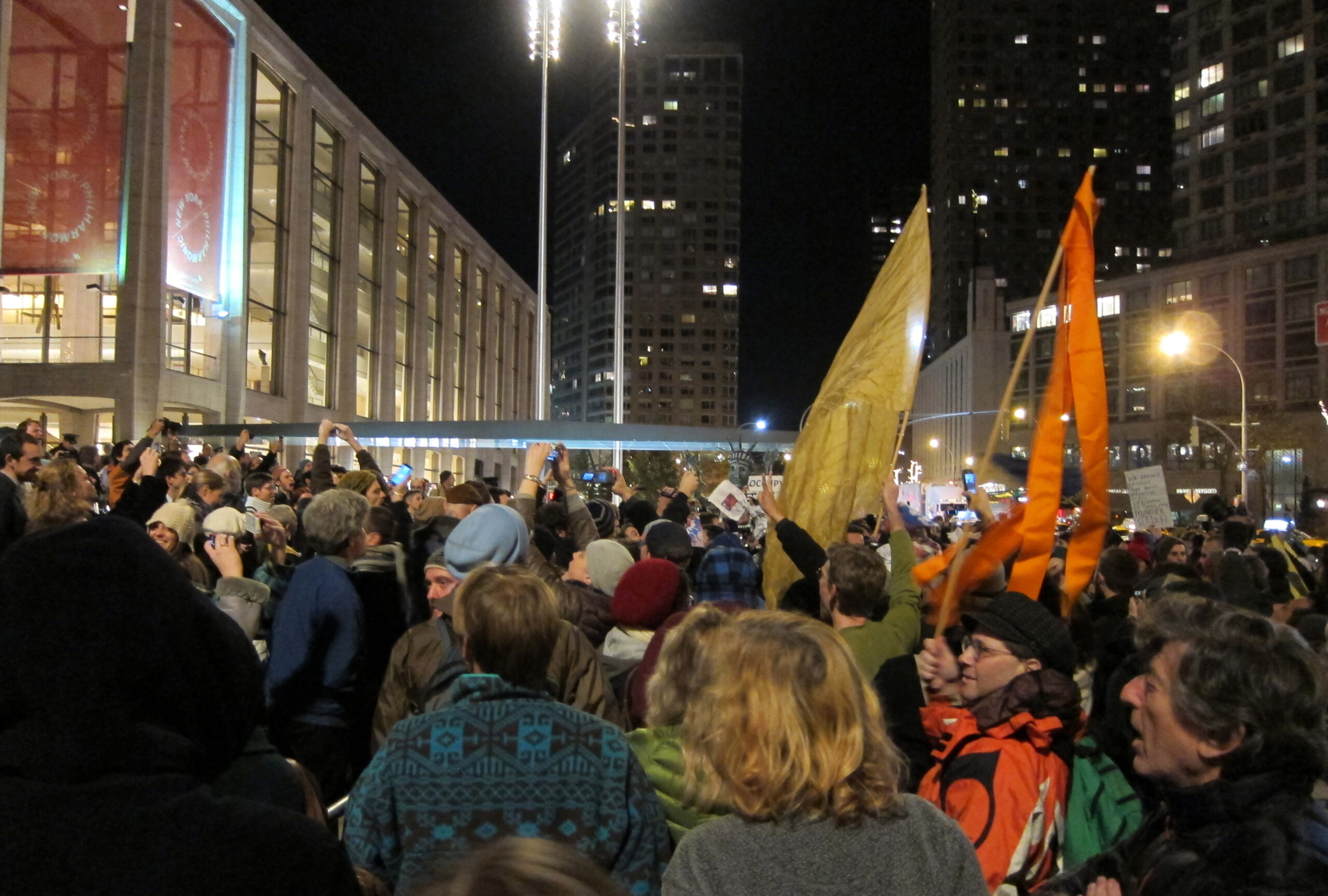 Occupy Wall Street protesters gathered outside on Lincoln Center Plaza