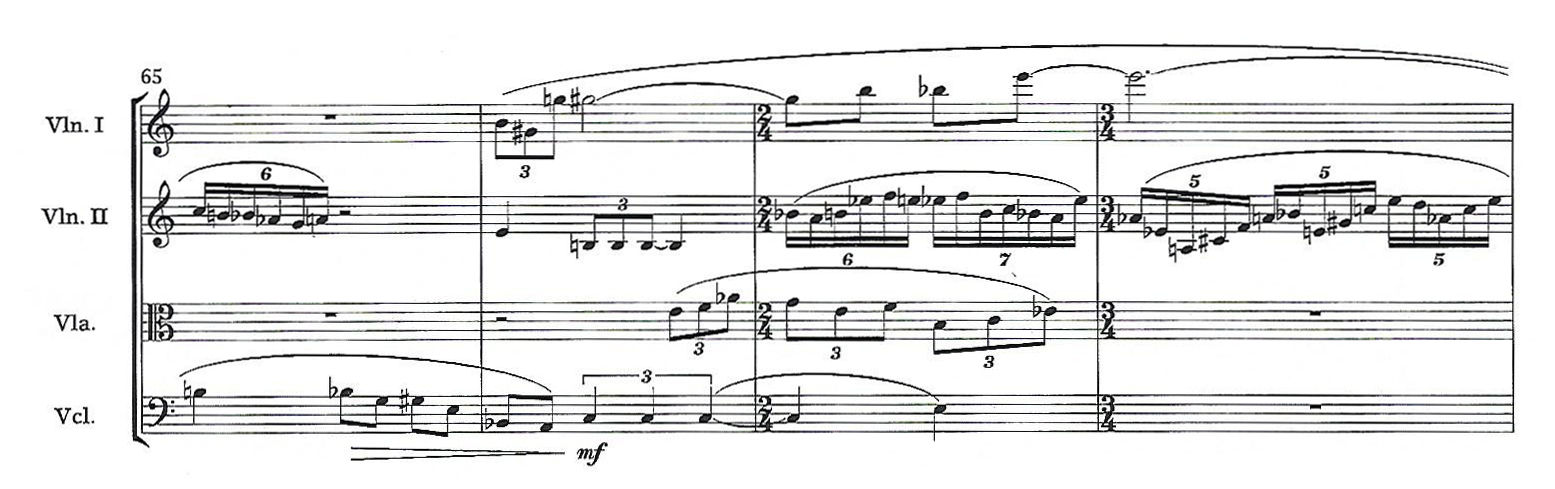 A passage from the score of Eleanor Cory's String Quartet No. 3. 
