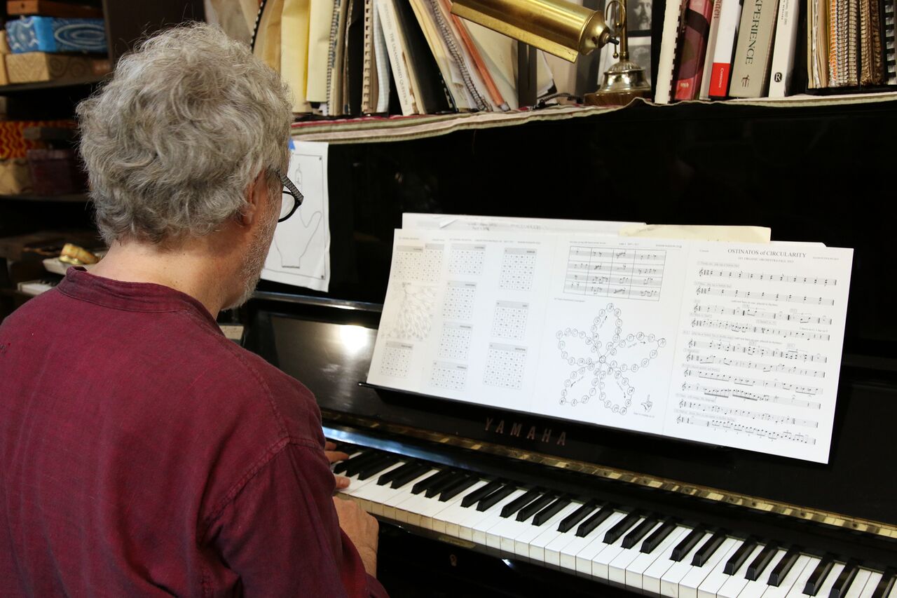 Adam Rudolph at the piano demonstrating his "ostinatos of circularity."