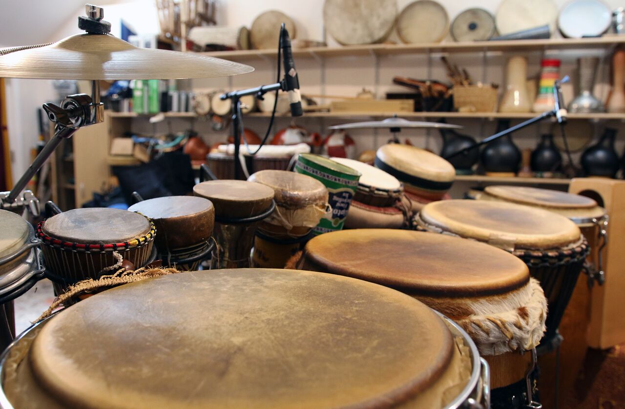 Some of the many hand drums in Adam Rudolph's studio.