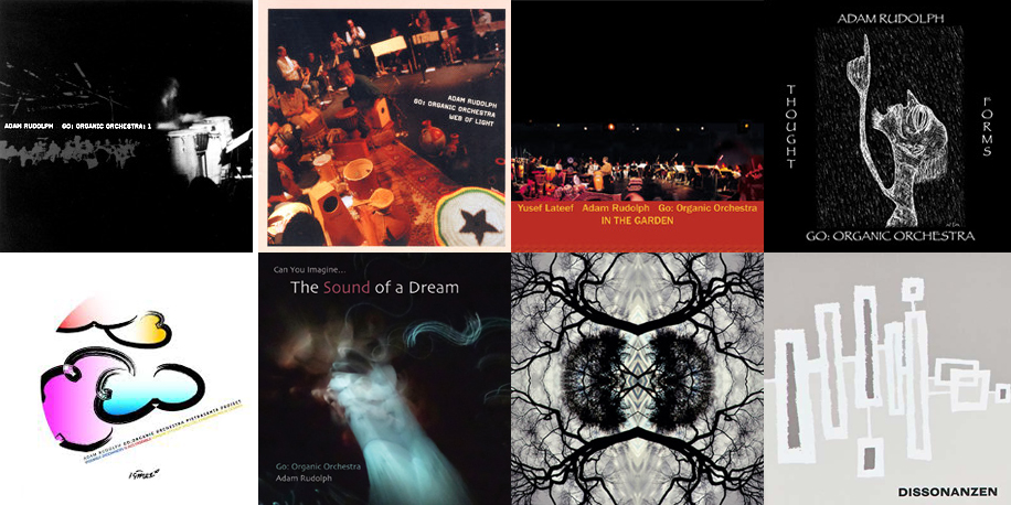 The covers for the eight Go: Organic Orchestra CDs released thus far.