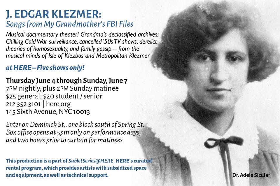 Postcard for original production of J. Edgar Klezmer featuring a photo of Eve Sicular's grandmother