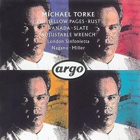 The CD cover for the very first all-Torke CD on London/Decca's Argo imprint shows four identical images of Michael Torke with four different color backgrounds.