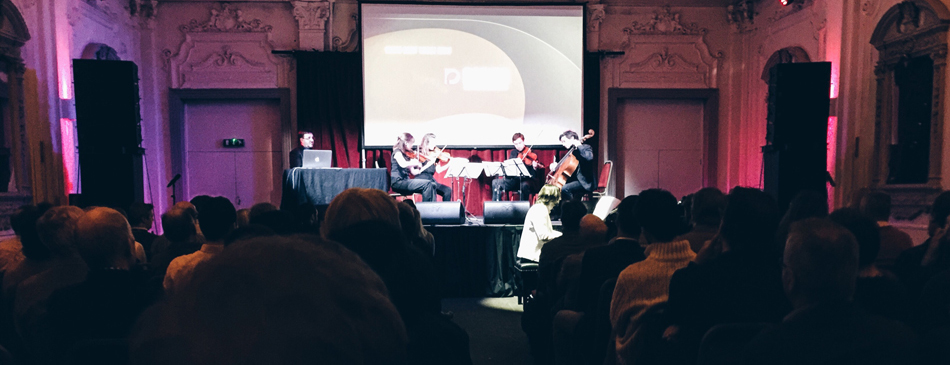 Members of the Ensemble Perpetuo join composer/pianist Thomas Hewitt Jones for the premiere of his new work commissioned for the launch of the Dorico music notation software program in London.