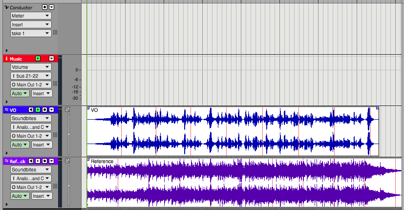 A screen shot of an actual work session showing the waveforms for the reference track and voiceover. The actual music track is currently blank.