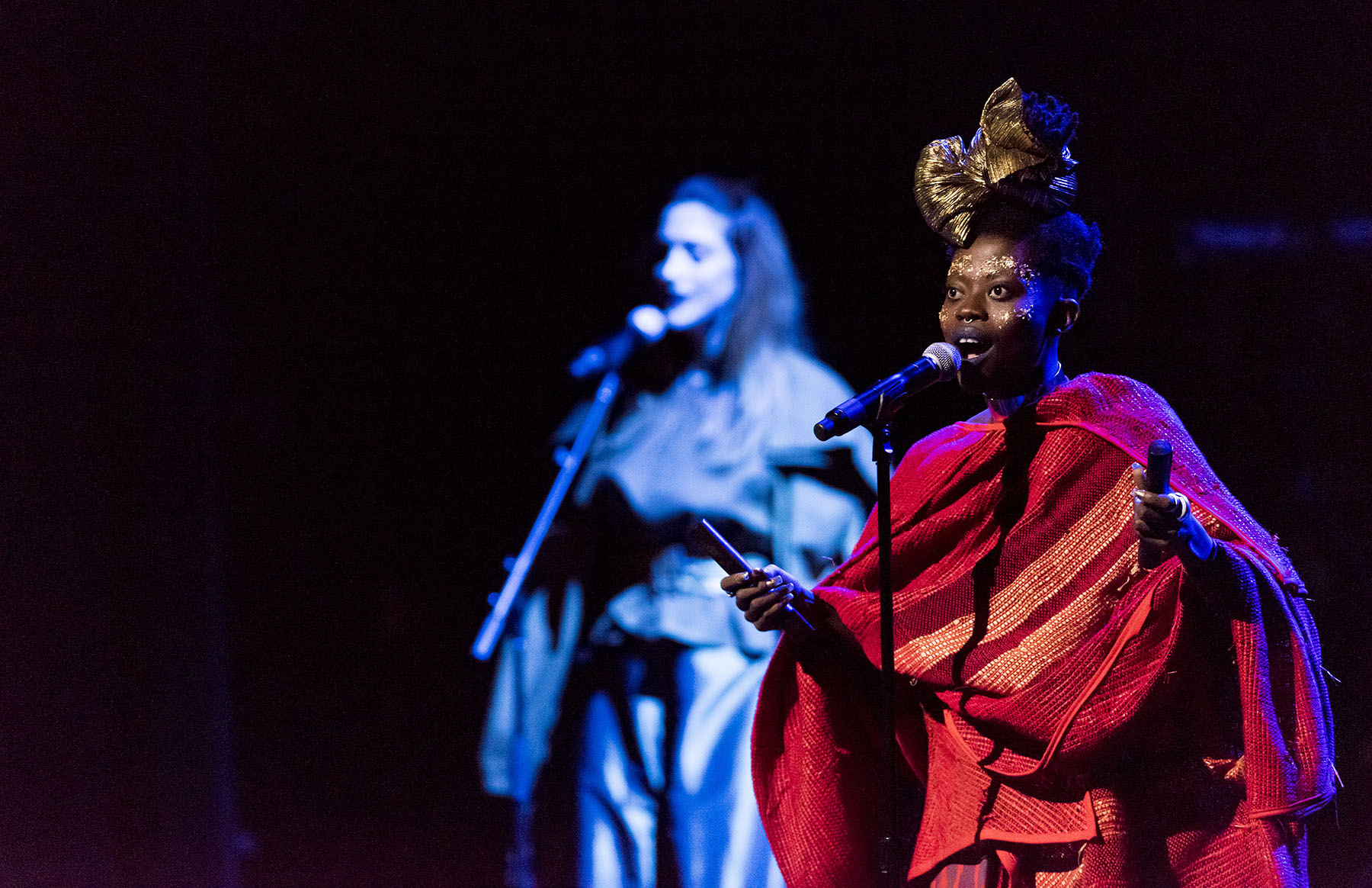 Ghanaian afrobeat and jazz singer-songwriter Jojo Abot performs with her band with backup vocalist Abbie Richards (left rear) at the fourth annual 'Africa Now!' presented by the Apollo Theater and World Music Institute at the Apollo Theater, New York, New York, Saturday, March 26, 2016. CREDIT: Photograph © 2016 Jack Vartoogian/FrontRowPhotos. ALL RIGHTS RESERVED.