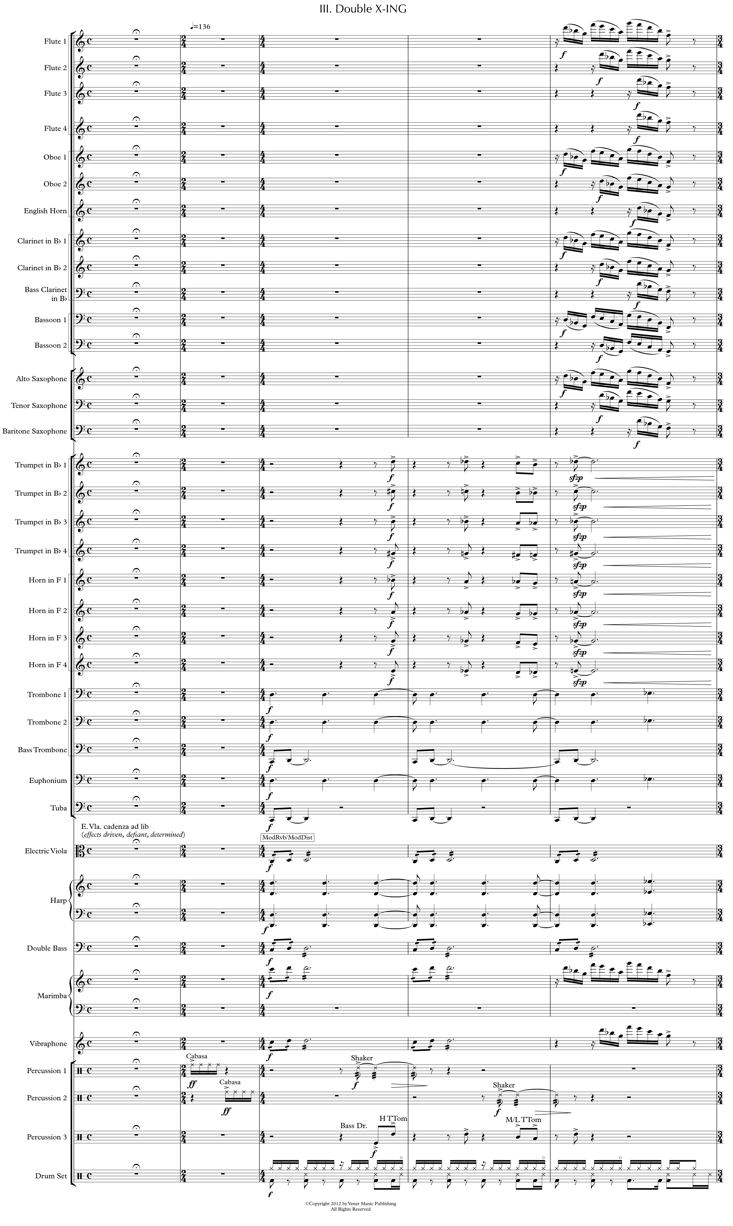The first page of the third and final movement of the full score of Martha Mooke's X-ING for wind band and solo electric viola.