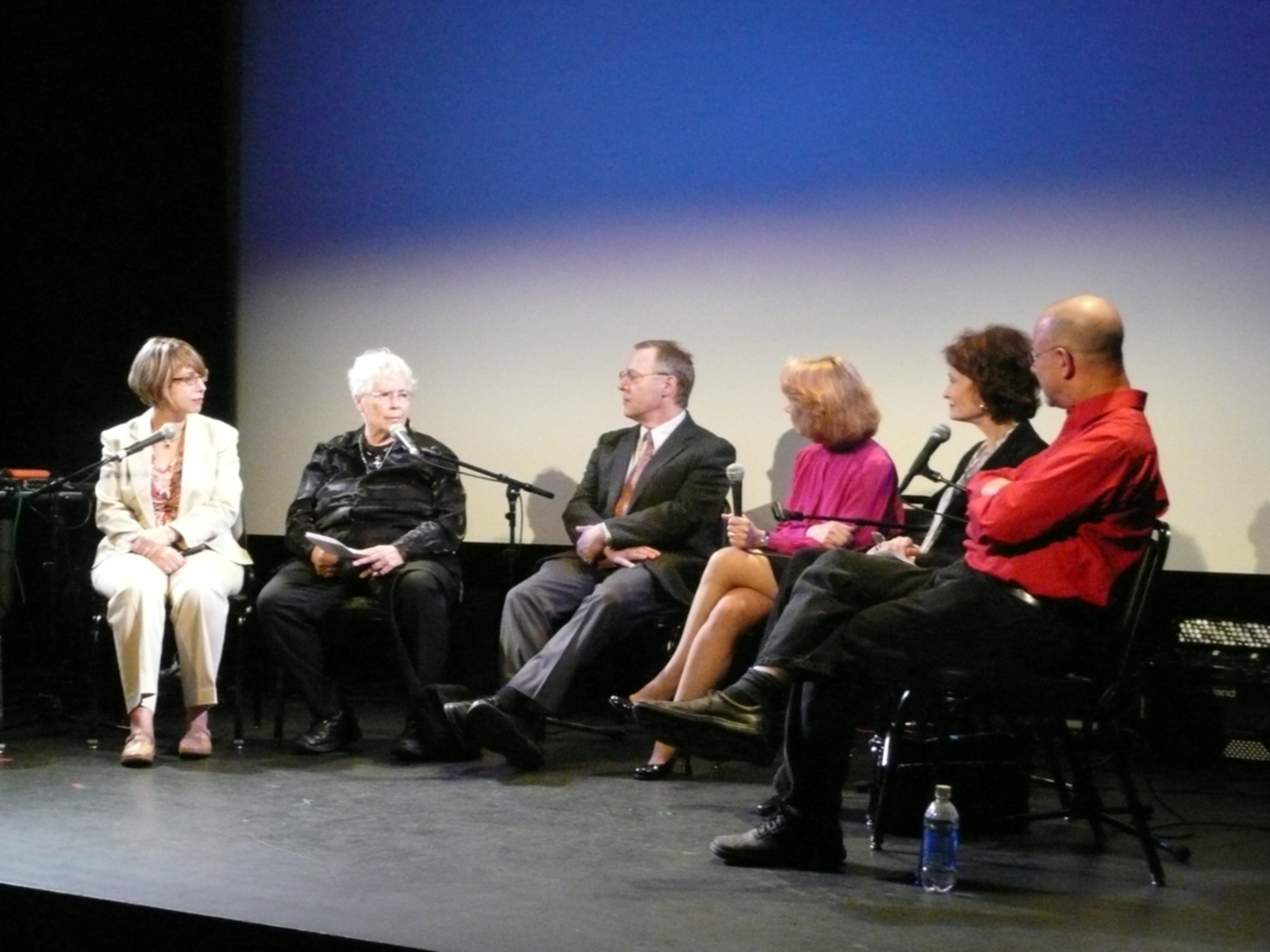Karen Popkin, Pauline Oliveros, Matthew Gurewitch, Victoria Bond, Dr. Barrie Cassileth, and Neil Rolnick at an onstage panel discussion in 2010.