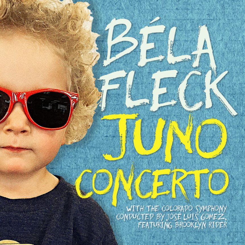 The cover of Béla Fleck's latest CD, Juno Concerto, which features his son Juno, wearing sunglasses.