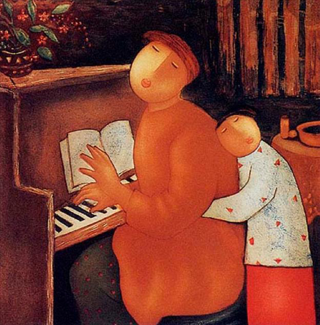 MOTHER by EngTay (a woman seated at a piano playing music and being hugged by her child.) Image by Beth Scupham