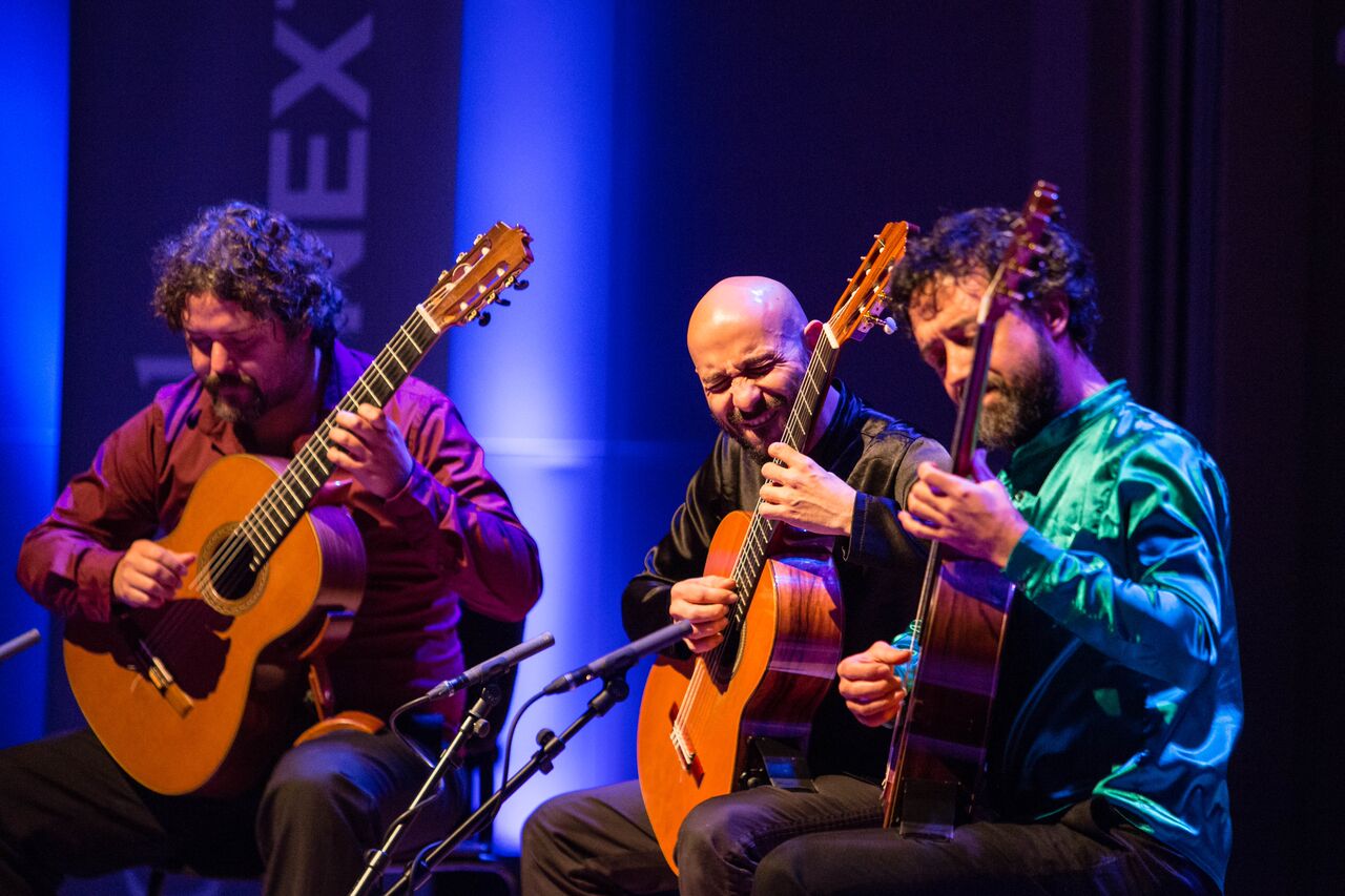 The guitar Trip Trip Trip (Guillermo Bocanegra, Camilo Giraldo Ange, and César Quevedo Barrrero) in performance (Photo by Eric van Nieuwland.)