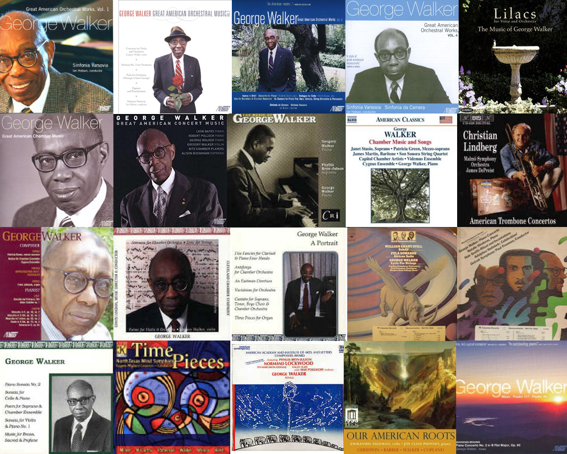 A collage of album covers featuring 20 different recordings containing George Walker's music.