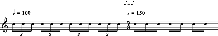 An example of a metrical modulation from triplets in 4/4 time to 8th notes in 7/8.