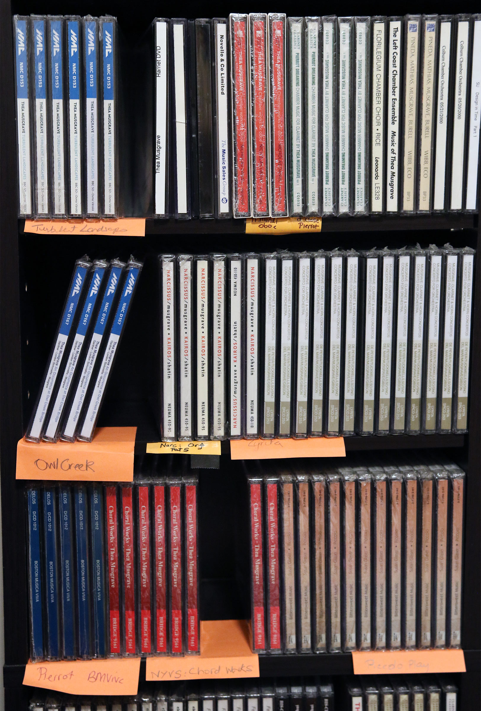 A cabinet filled with CD recordings of Thea Musgrave's music.