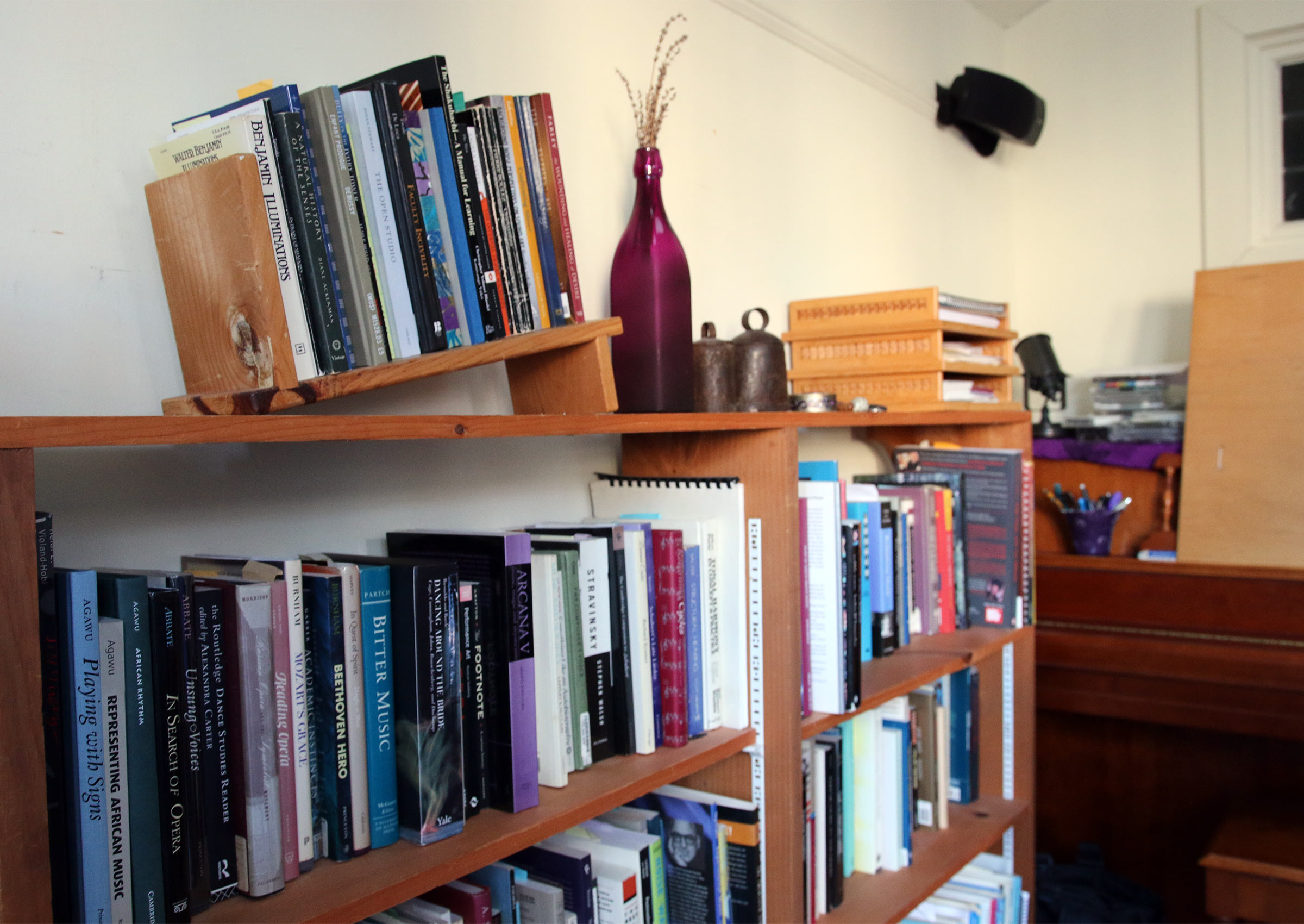 A bookcase in Barbara White's studio.