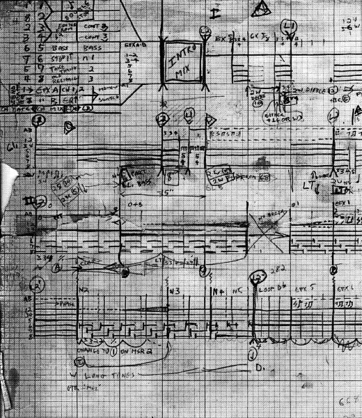 Johnson's graphic score for operating the mixing board for "Involuntary Song 3" in John Somebody.