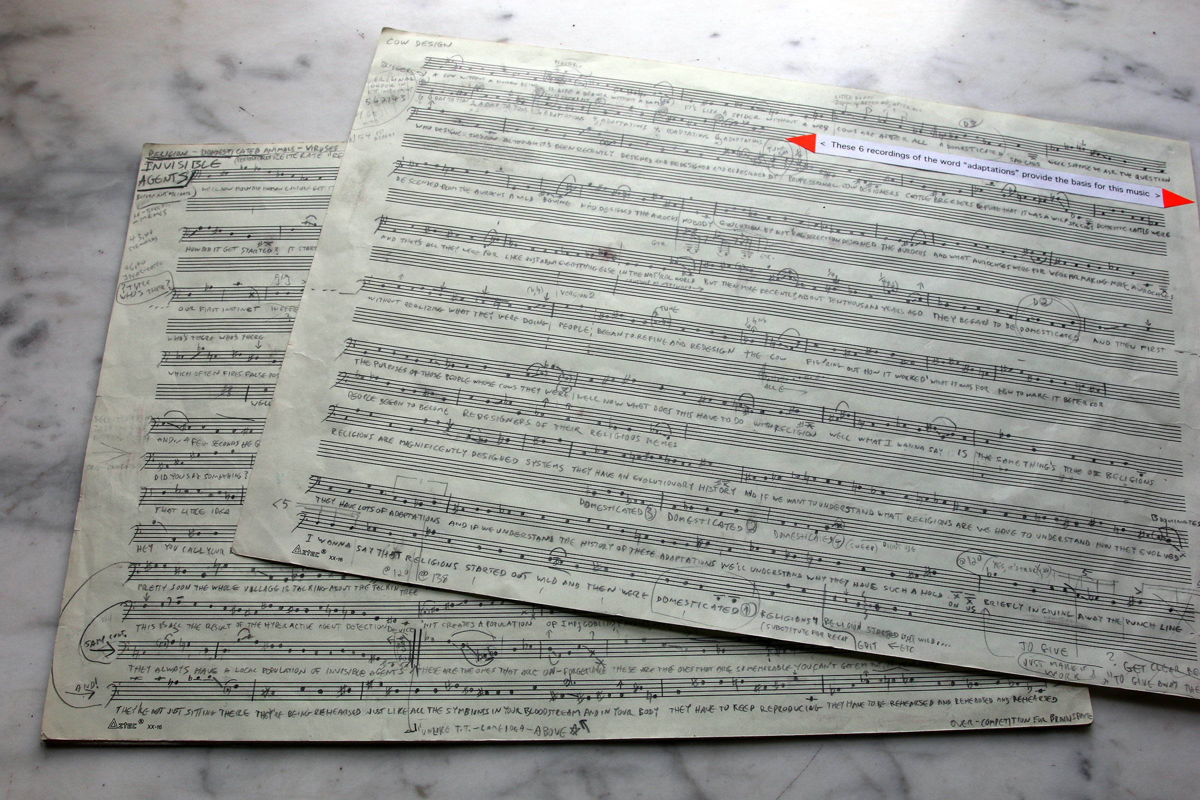 Several of the 11 by 17 pieces of music manuscript paper containing Scott Johnson's transcriptions of Dan Dennett's speech.
