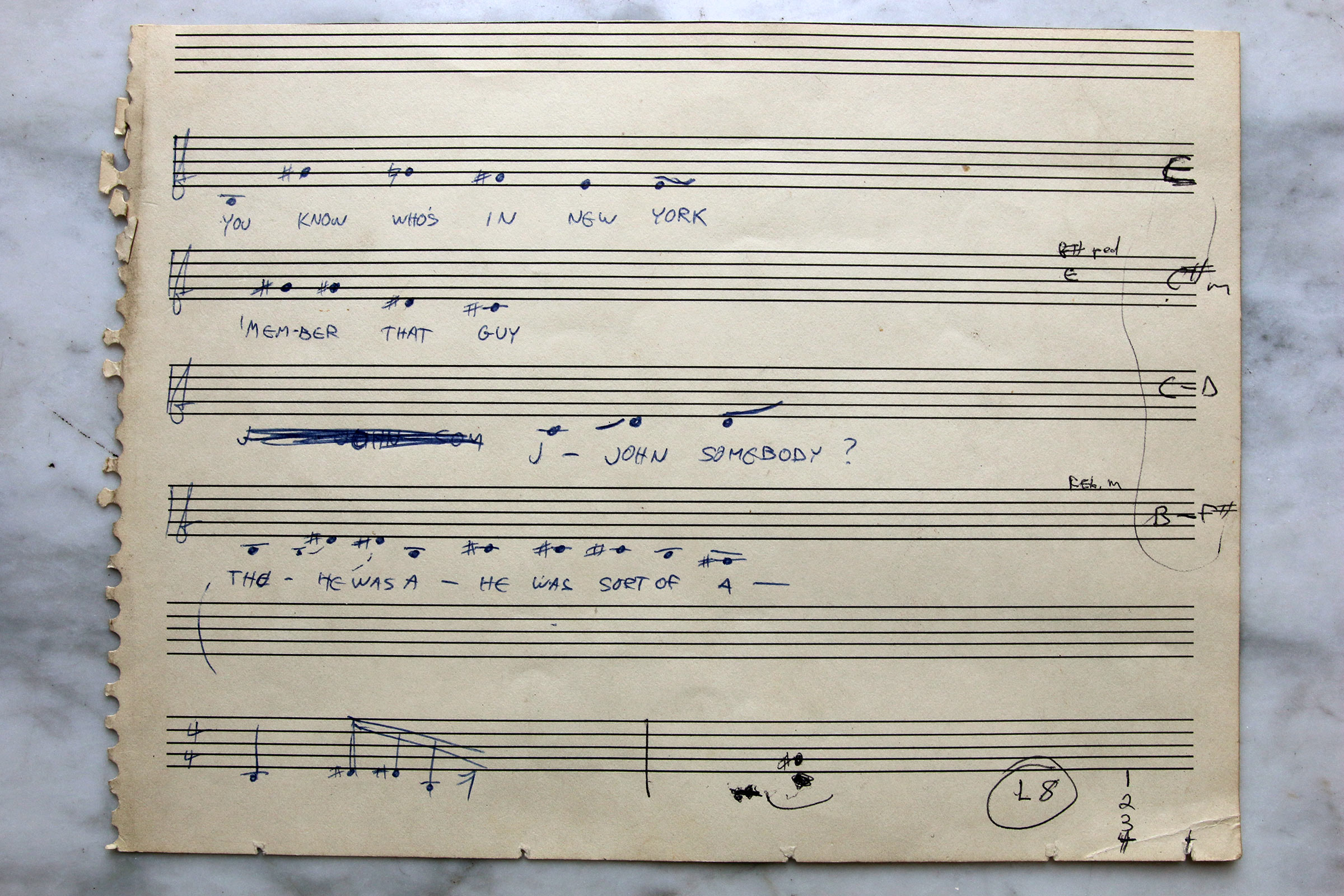 The original sheet of music notation paper containing Scott Johnson's musical transcriptions of four phrases of spoken conversation that eventually became the basis for his composition John Somebody.