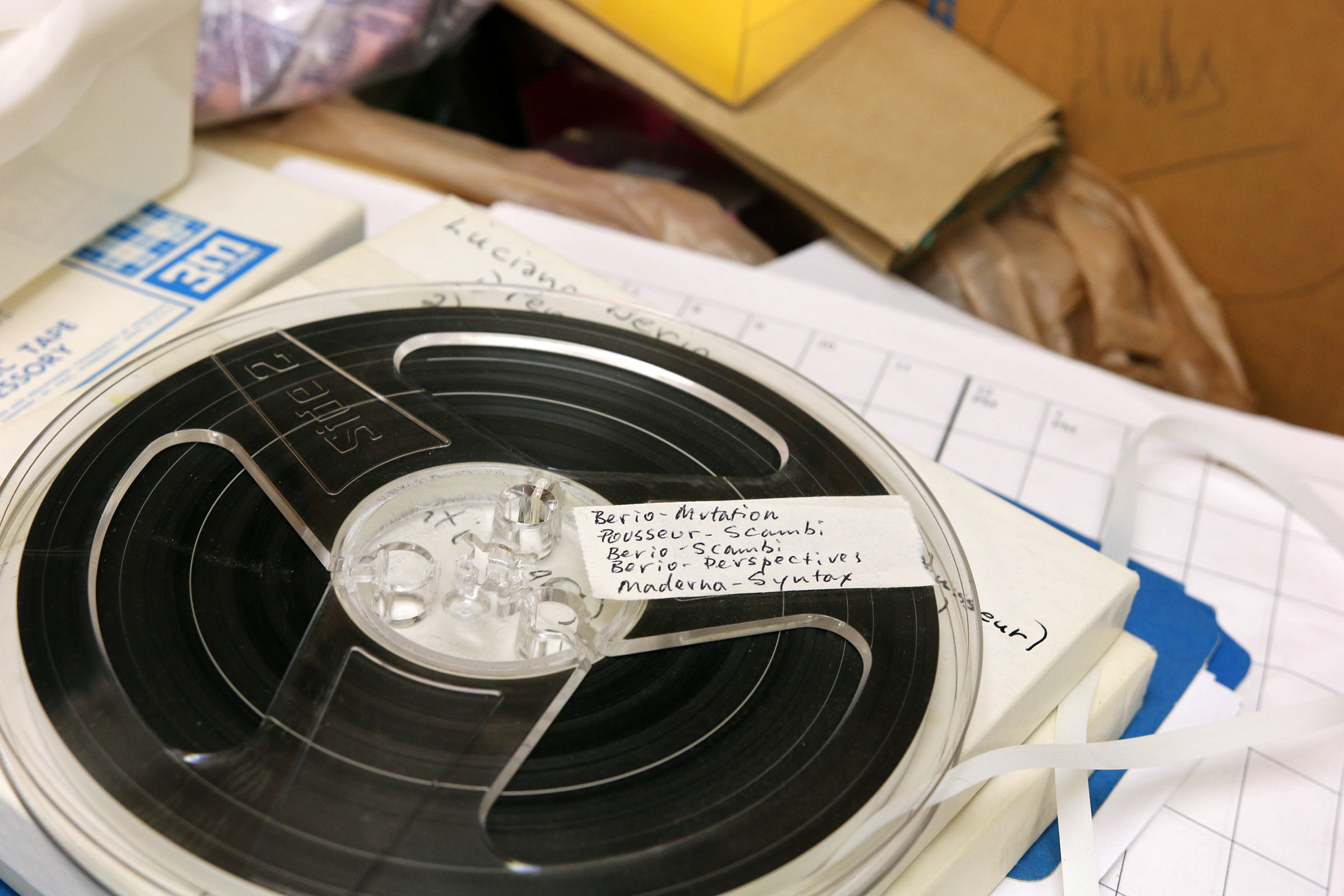 A reel-to-reel containing recordings of several classic 1950s tape music compositions by Luciano Berio, Henri Pousseur, and Bruno Maderna is one of the treasures on display in Daria Semegen’s electronic music studio at Stony Brook University.