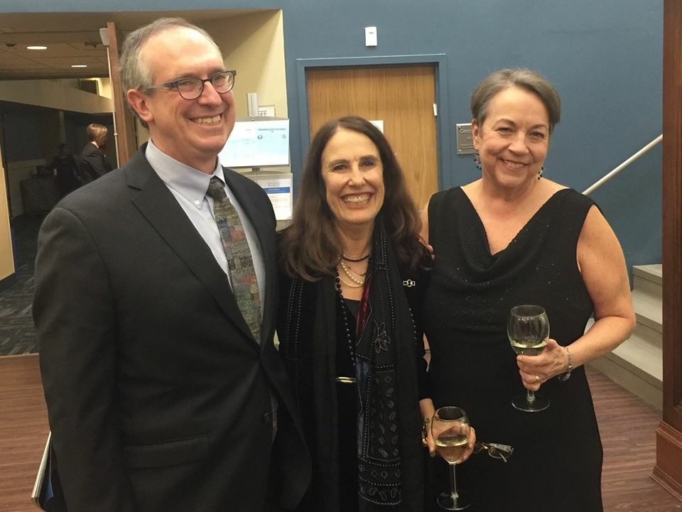 Margrit Polak (center) with composer Gerald Cohen (left) and librettist Deborah Brevoort (right) on opening night of the 2018 Opera Colorado production of Steal a Pencil for Me