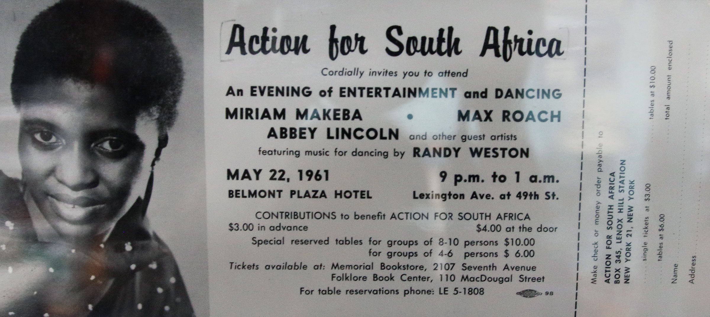A poster for a concert benefit entitled Action for South Africa at the Belmont Plaza Hotel on May 22, 1961 which featured performances by Randy Weston, Max Roach, Abbey Lincoln, and Miriam Makeba (who is pictured on it). 