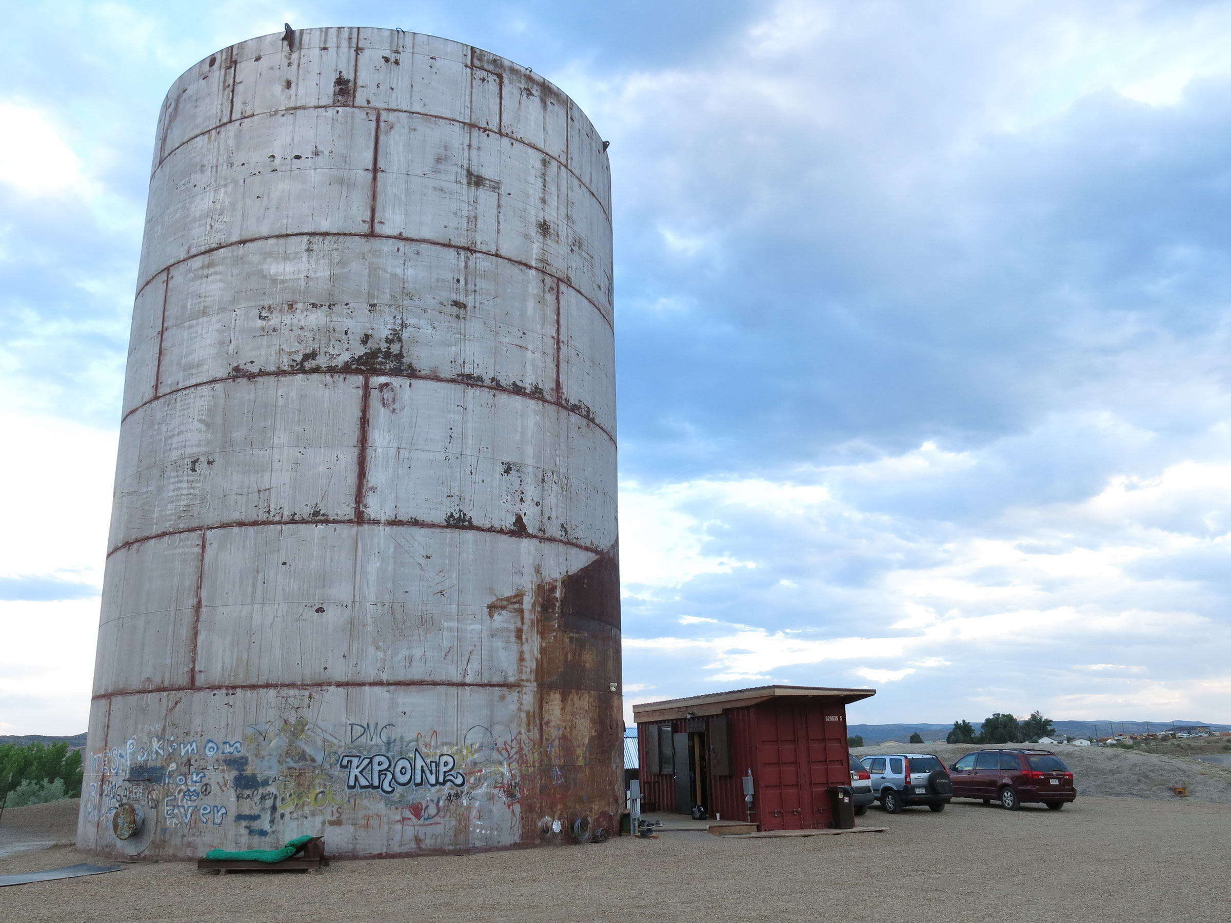 The Tank, a 65-foot-tall empty metal water treatment tank in Langley, Colorado