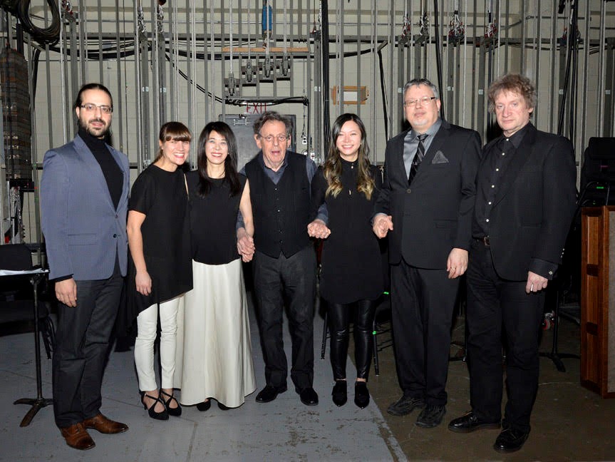 WNMF 2018 post-concert with co-curators and the performers for Philip Glass's Complete Piano Études (pictured left to right): Harry Stafylakis, Madeline Hildebrand, Jenny Lin, Philip Glass, Vicky Chow, Jónas Sen, Matthew Patton. Image: Steve Salnikowski | Chronic Creative