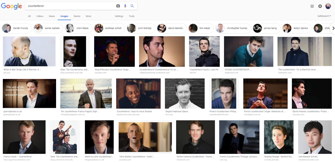 A screenshot of a Google Image search on "countertenor"
