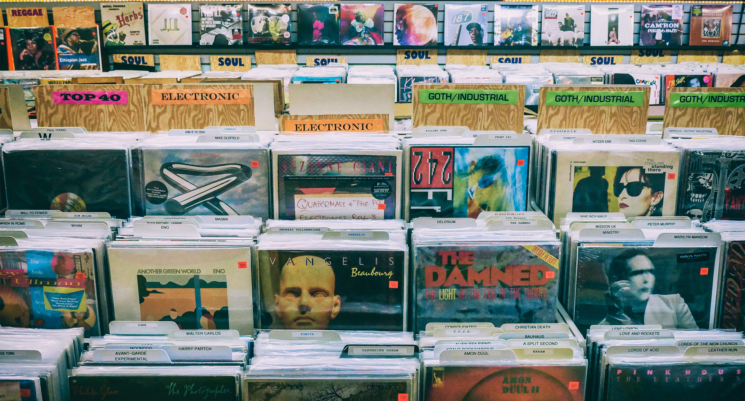 A still shot of a selection of records in a store