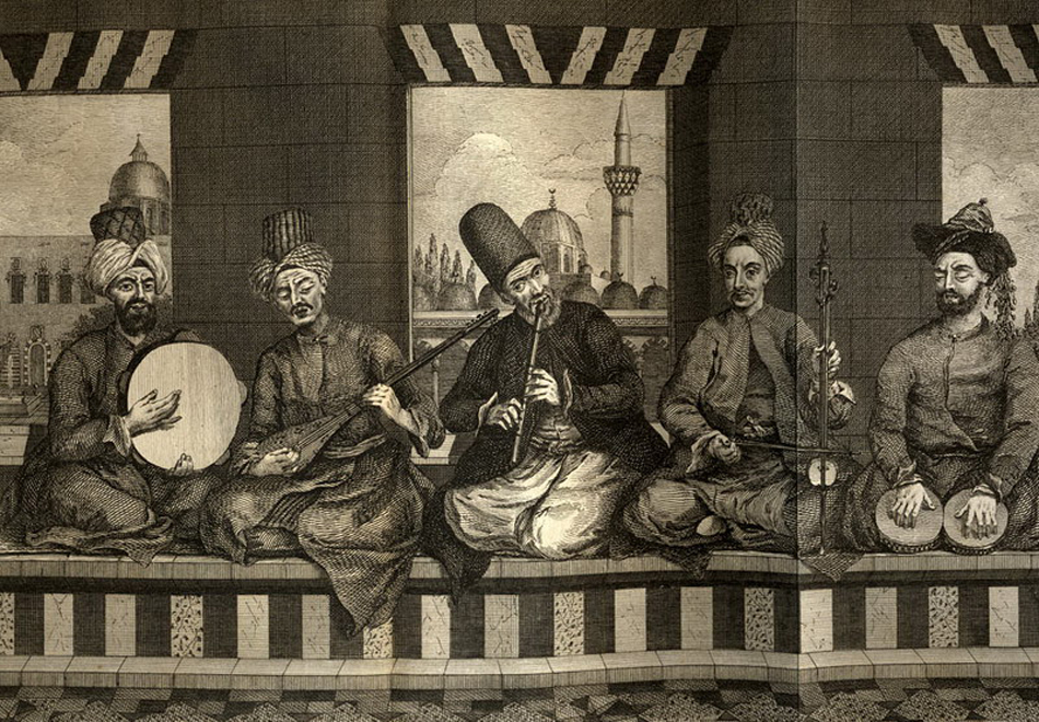 An historic drawing of a group of five Aleppo musicians performing on (from left to right) a daff, a saz, a ney, a kamancheh, and a pair of naqqāra