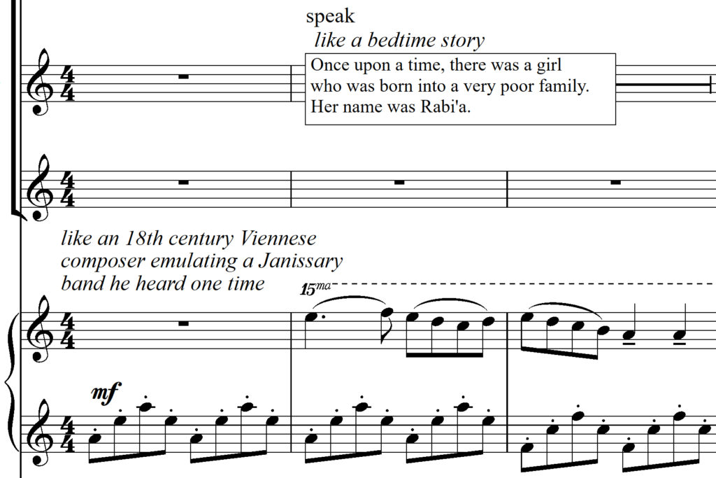 An excerpt from Nebal Maysaud's composition A Psalm of David which references the style of Western appropriations of Middle Eastern music with the instruction "like an 18th century Viennese composer emulating a Janissary band he heard one time"