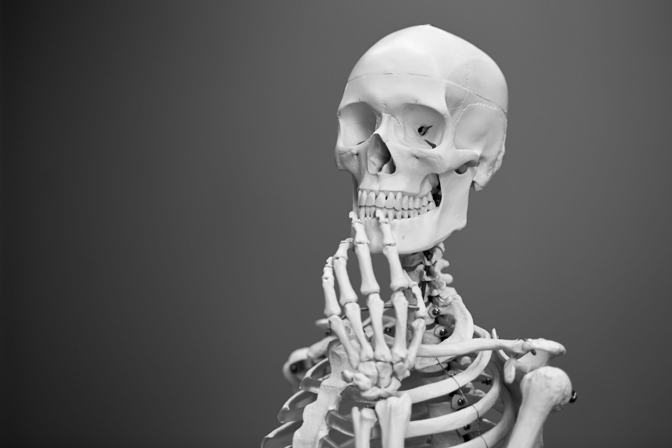A photo of a skeleton with left arm raised so that the left hand is close to the mouth
