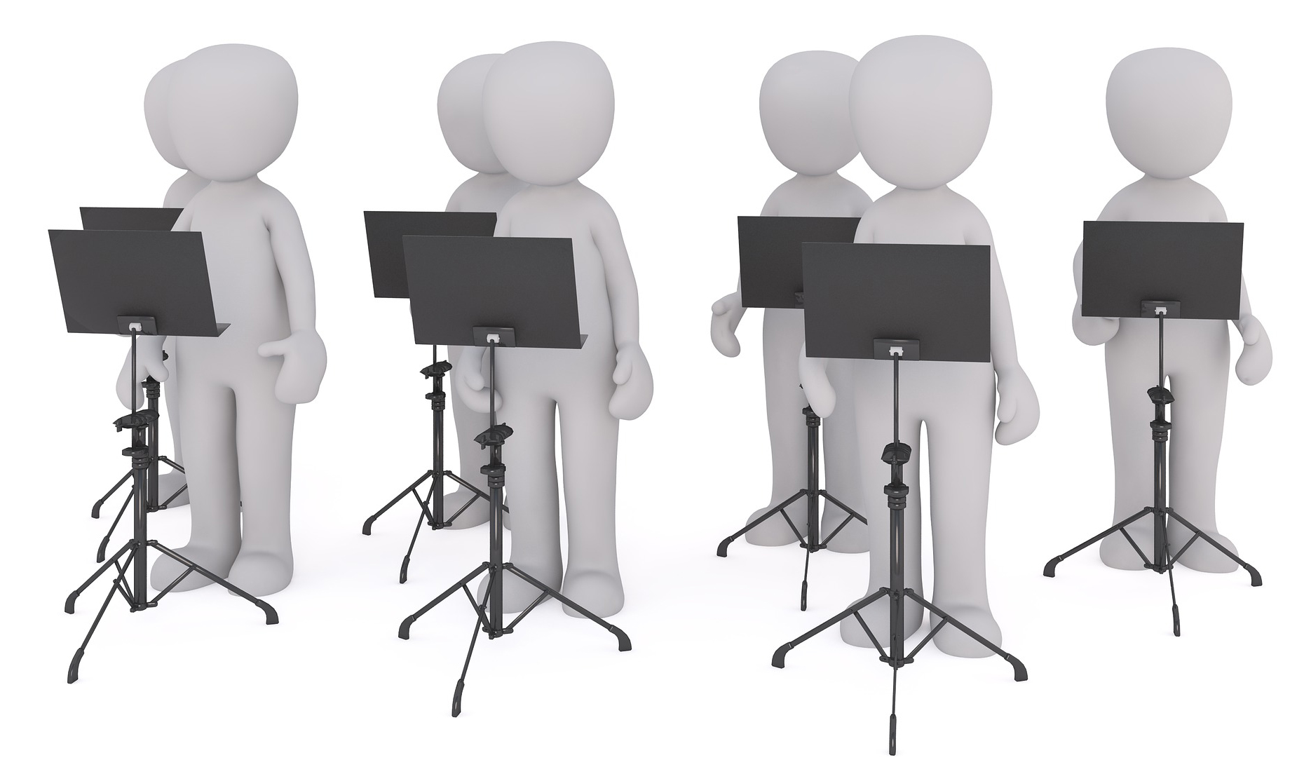 A group of faceless mannequins standing in front of music stands.