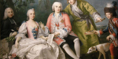 A 1750-52 painting by Jacopo Amigoni depicting (from left to right) Metastasio, Teresa Castellini, Farinelli, Amigoni, Farinelli's dog, and Farinelli's page boy; the score is 