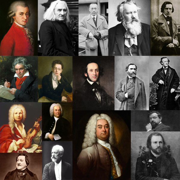 A montage of significant composers of classical music; they are all dead, white, and male.