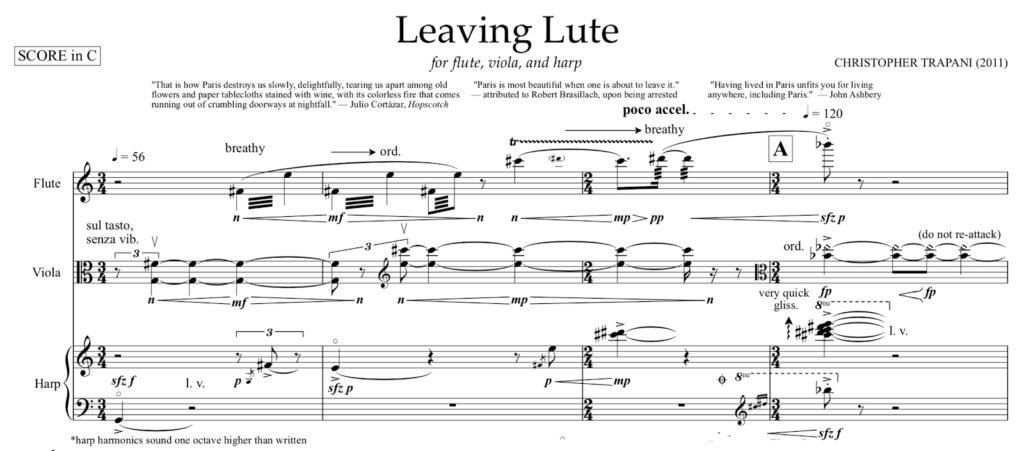 The opening 4 measures from the score of Christopher Trapani's Leaving Lute for flute, viola and harp trio.