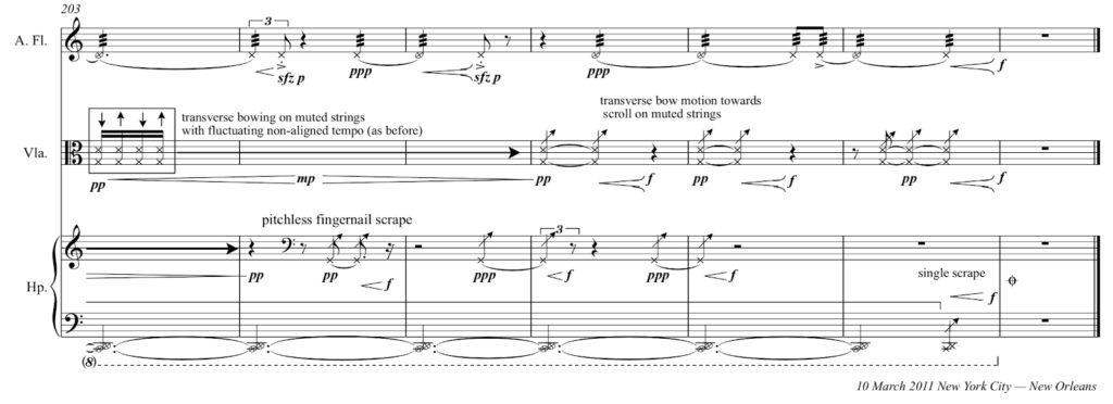 The final seven measures of the score of Christopher Trapani's Leaving Lute for flute, viola and harp trio.