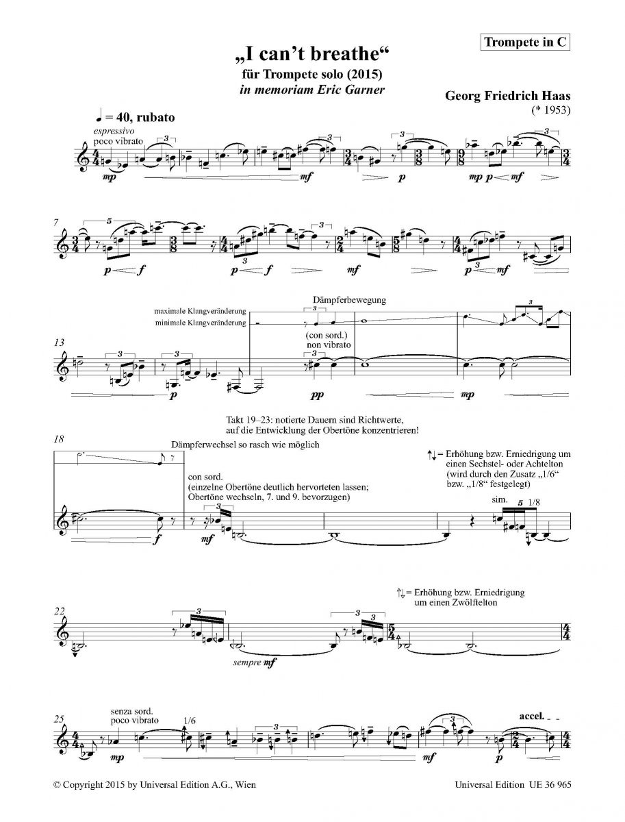 The first page of the musical score of Georg Friedrich Haas “I can’t breathe” Copyright © 2015 Universal Edition Vienna. 