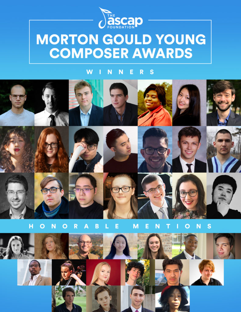 Photos of all the composers who have either won or received an honorable mention in the 2021 ASCAP Foundation Morton Gould Young Composer Awards.