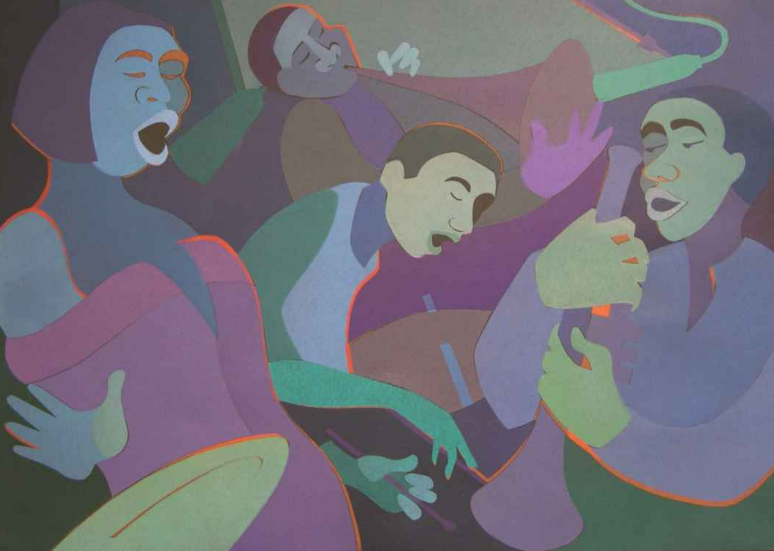 Robin Holder's drawing of a group of jazz musicians playing instruments and singing.