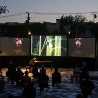 Myra Melford performs on an outdoor stage with visual projections.