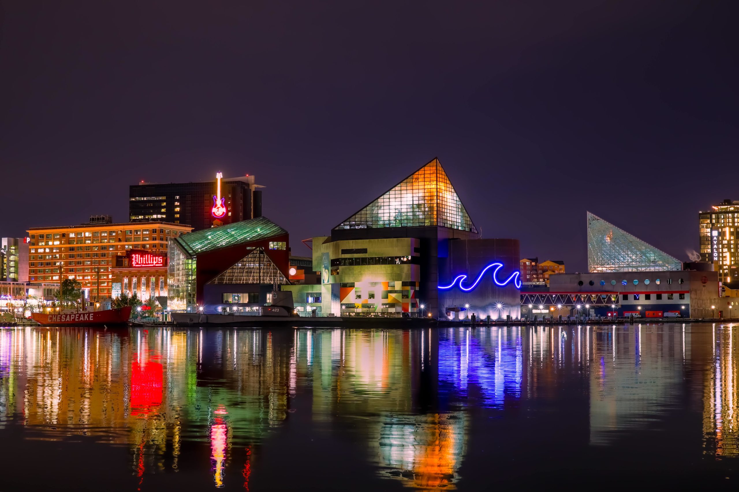The Baltimore skyline at night.