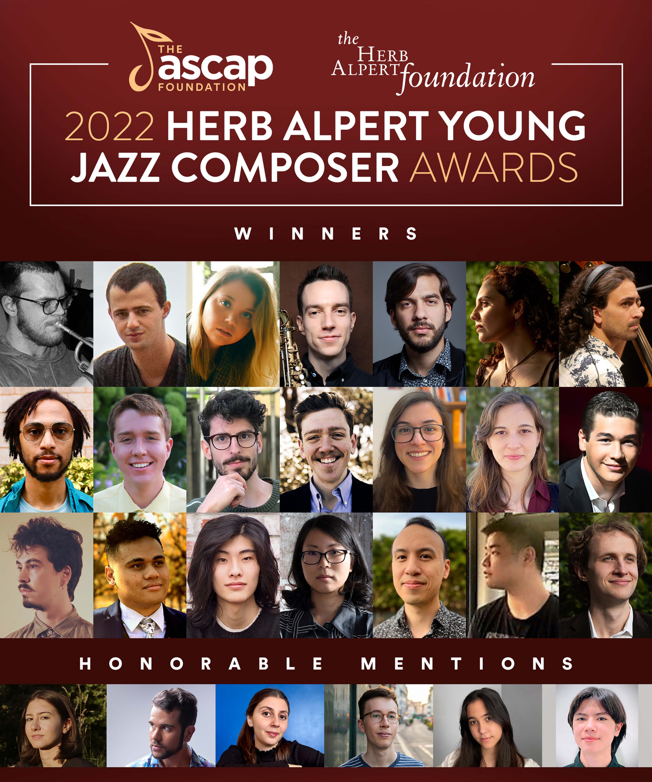 A montage of photos of all the winners and honorable mentions in the 2022 ASCAP Foundation Herb Alpert Young Jazz Composers Awards