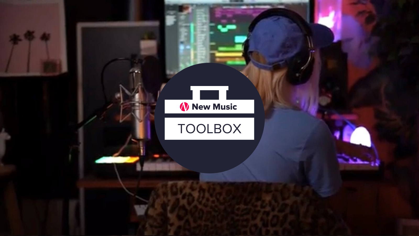 Alexandra Petkovski at her music work station overlayed with the New Music Toolbox logo.