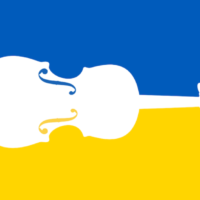 A silhouette of a violin on a Ukrainian flag