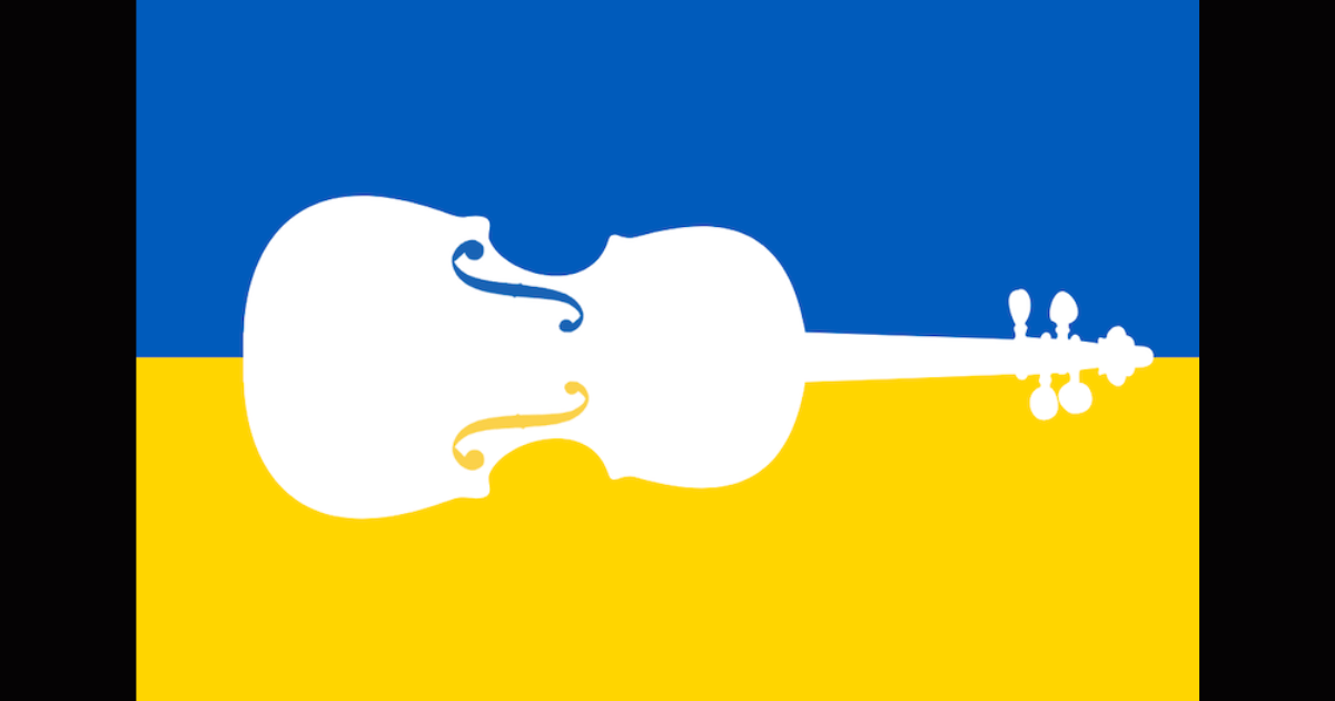 A silhouette of a violin on a Ukrainian flag
