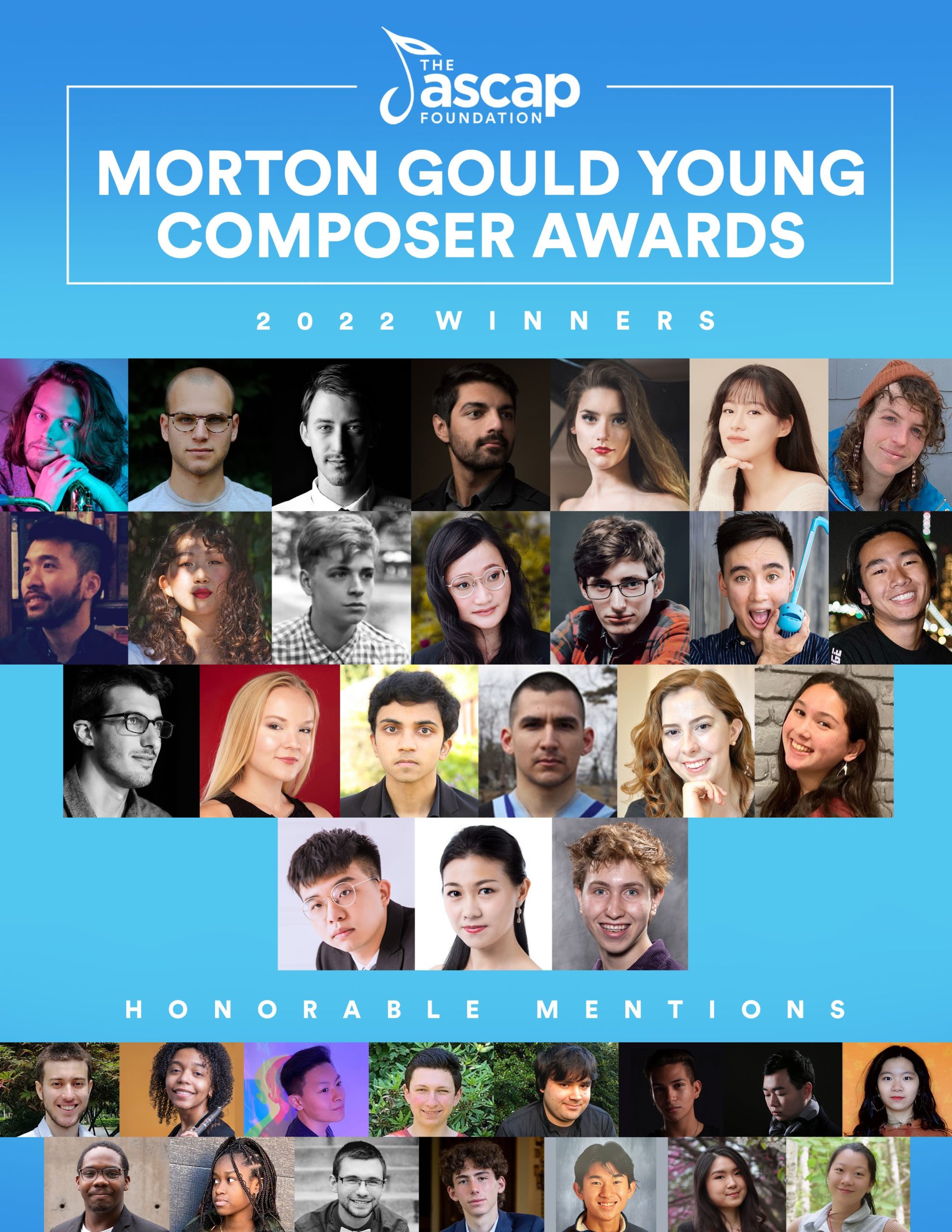 Photos of all the winners and honorable mentions in the 2022 ASCAP Foundation Morton Gould Young Composer Awards