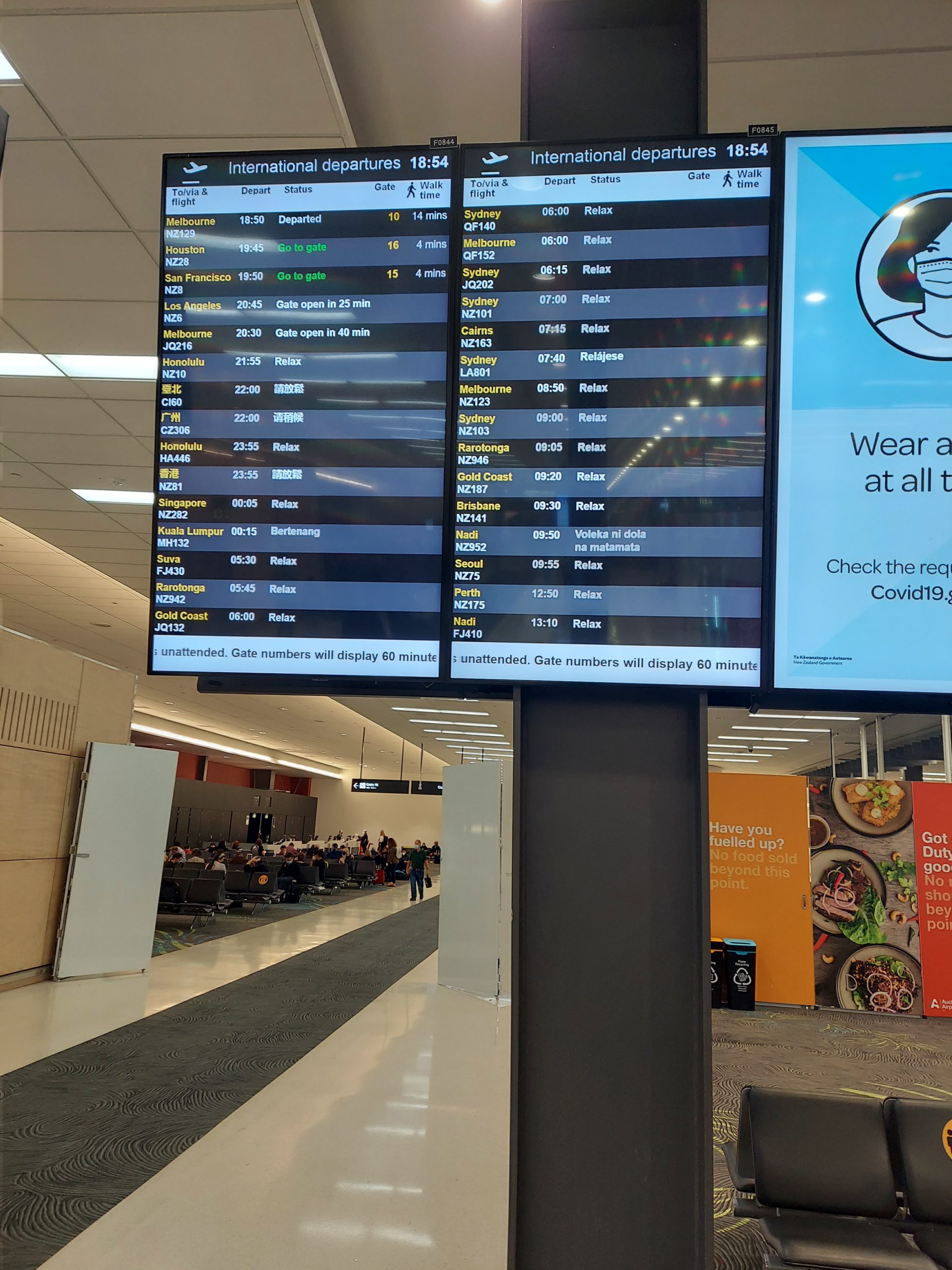 Flight departures at Auckland's international terminal.