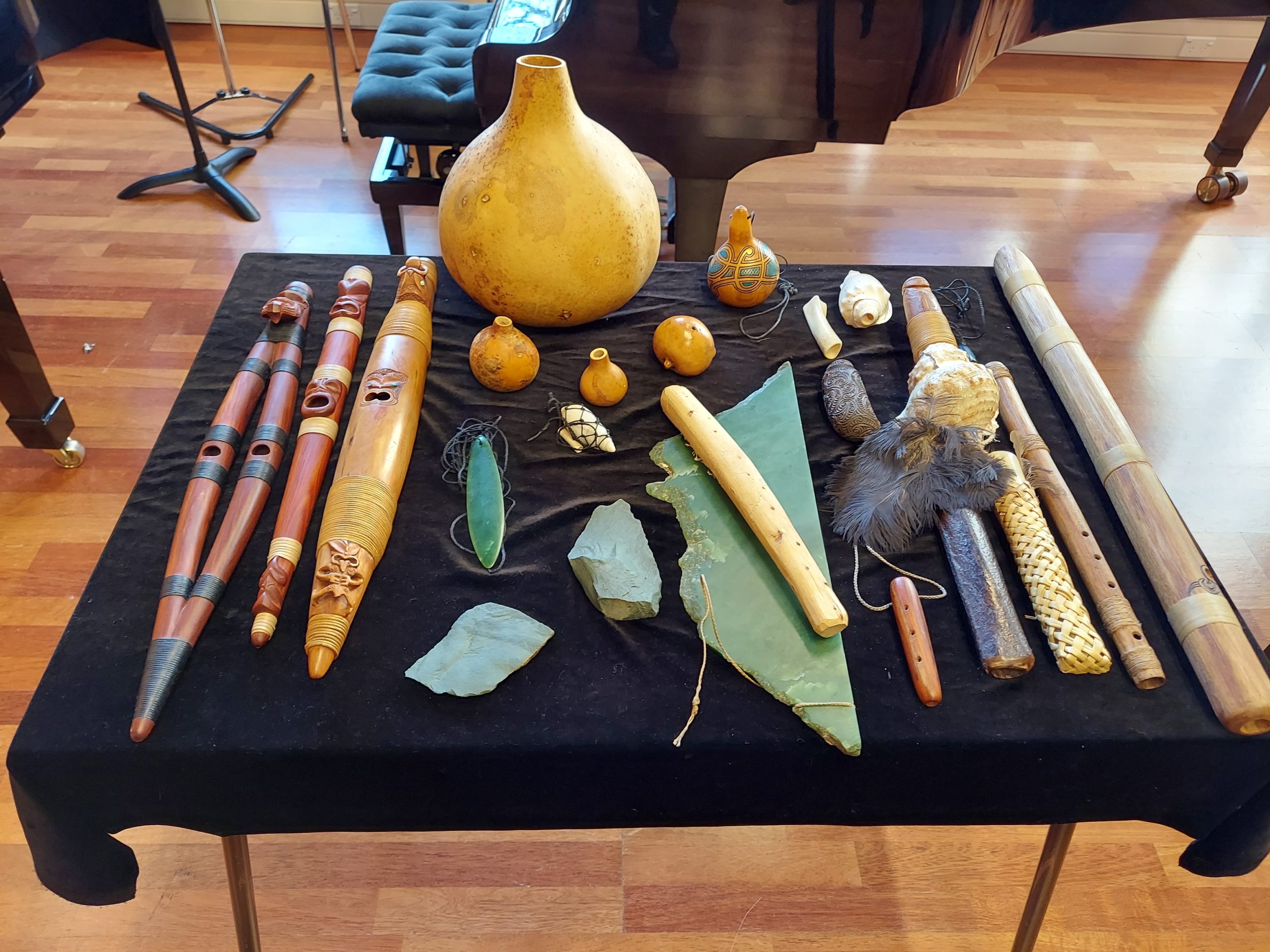 Taonga pūoro displayed on a table.